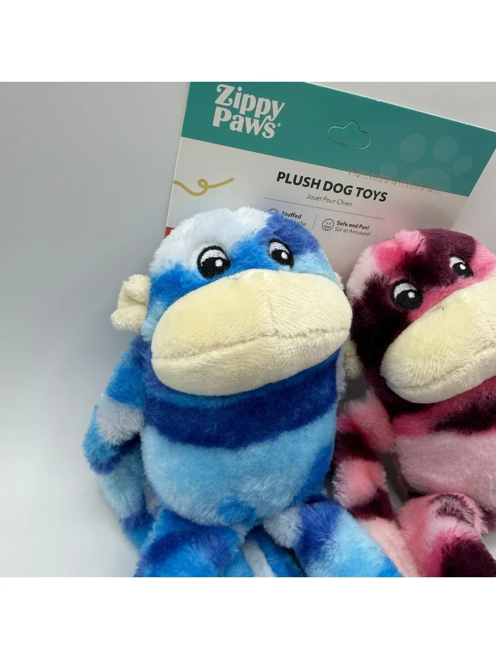 ZippyPaws Plush Dog Toy 2 Pack Monkey Squeaker Long Legs Blue & Pink Camo Stripe